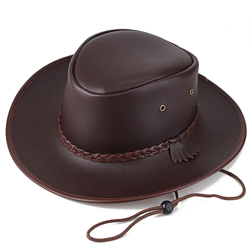 5292 Cowboy Hats and , Western Leather Outback Wide Brim Rain Cap Brown